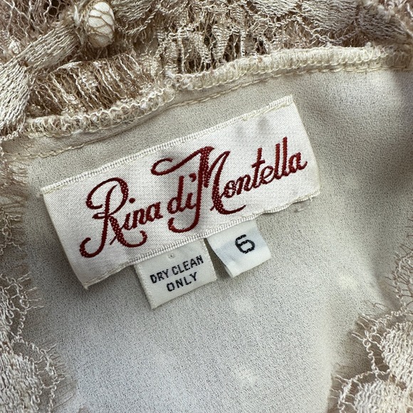 Vtg 80s Rina di Montella Silk Lace Tiered‎ Midi Dress Tan Rhinestone Size 6 - Picture 9 of 9